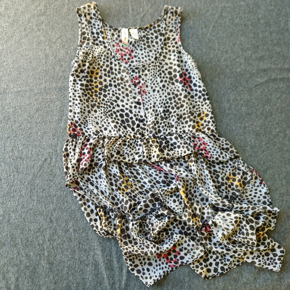Mimi Chica Leopard Print High Low Tiered Ruffle Tunic Top XS Sheer Punk Festival